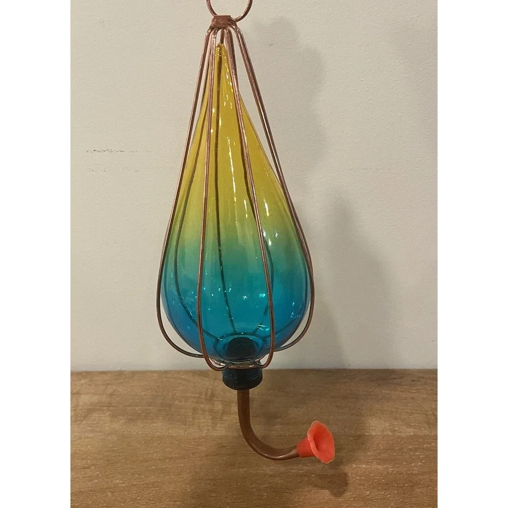 Ombre Art Glass Hummingbird Feeder Teal Yellow Copper Hanging Garden Decor